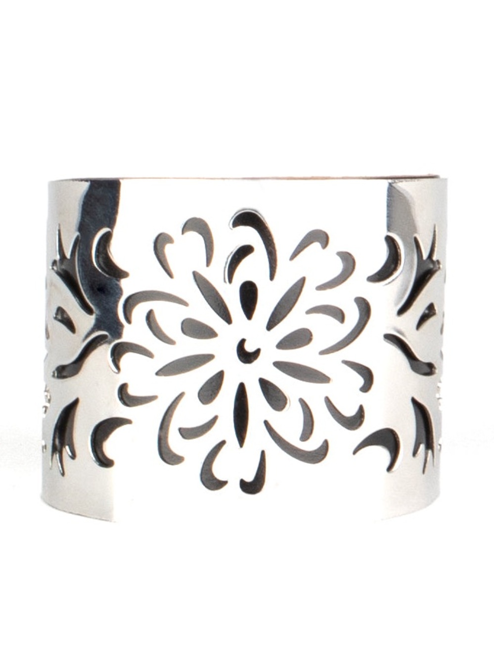 GET YOUR BLOOM ON - BLACK LEATHER SILVER TONE FLORAL CUTOUT CUFF BRACELET - Picture 2 of 2